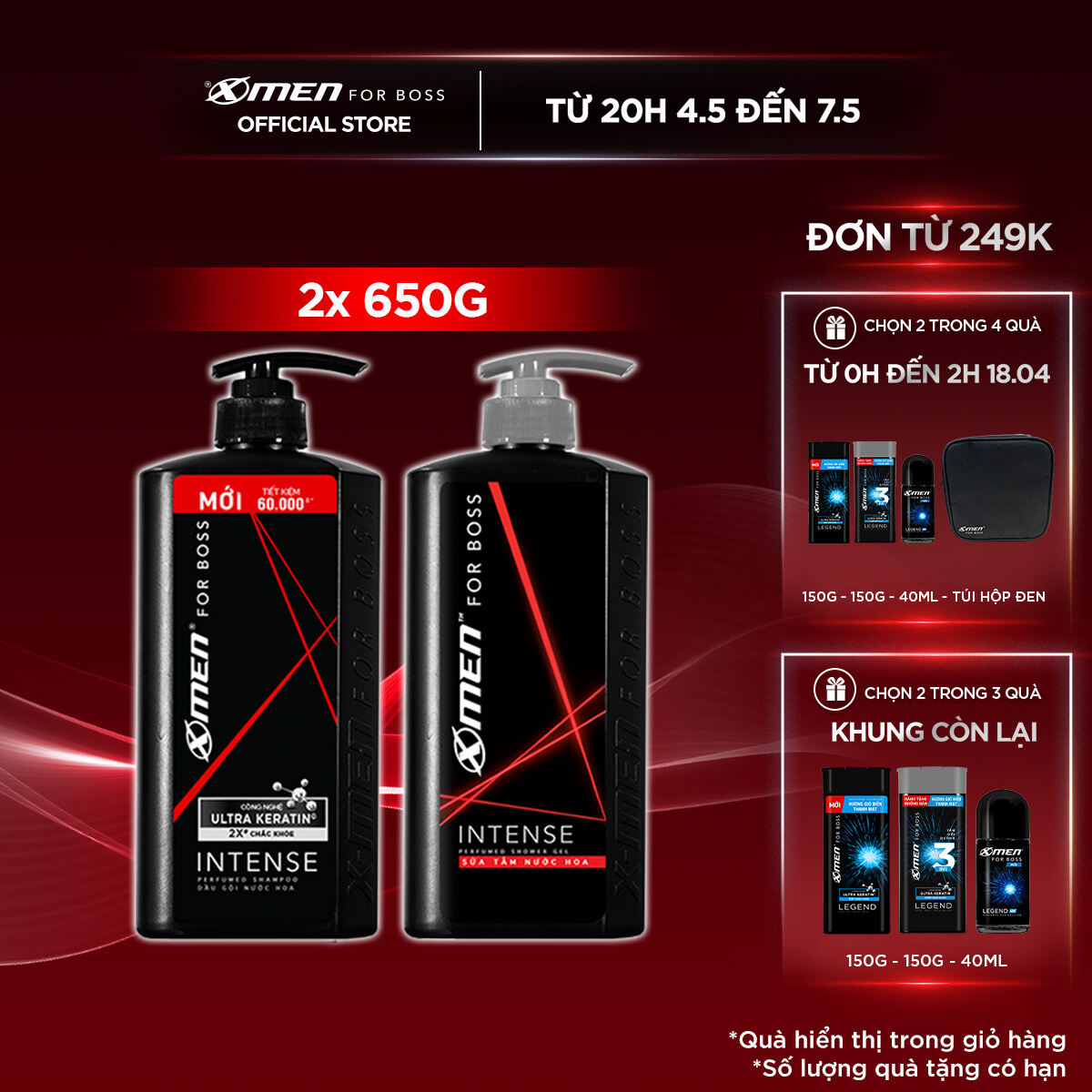 Combo Dầu gội X-Men for Boss hương trầm đầy nội lực Intense với Ultra Keratin© mới 650g + Sữa tắm nư