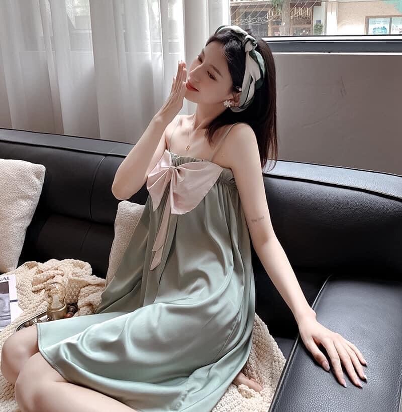 Váy ngủ nữ đính nơ ngực dễ thương chất lụa satin