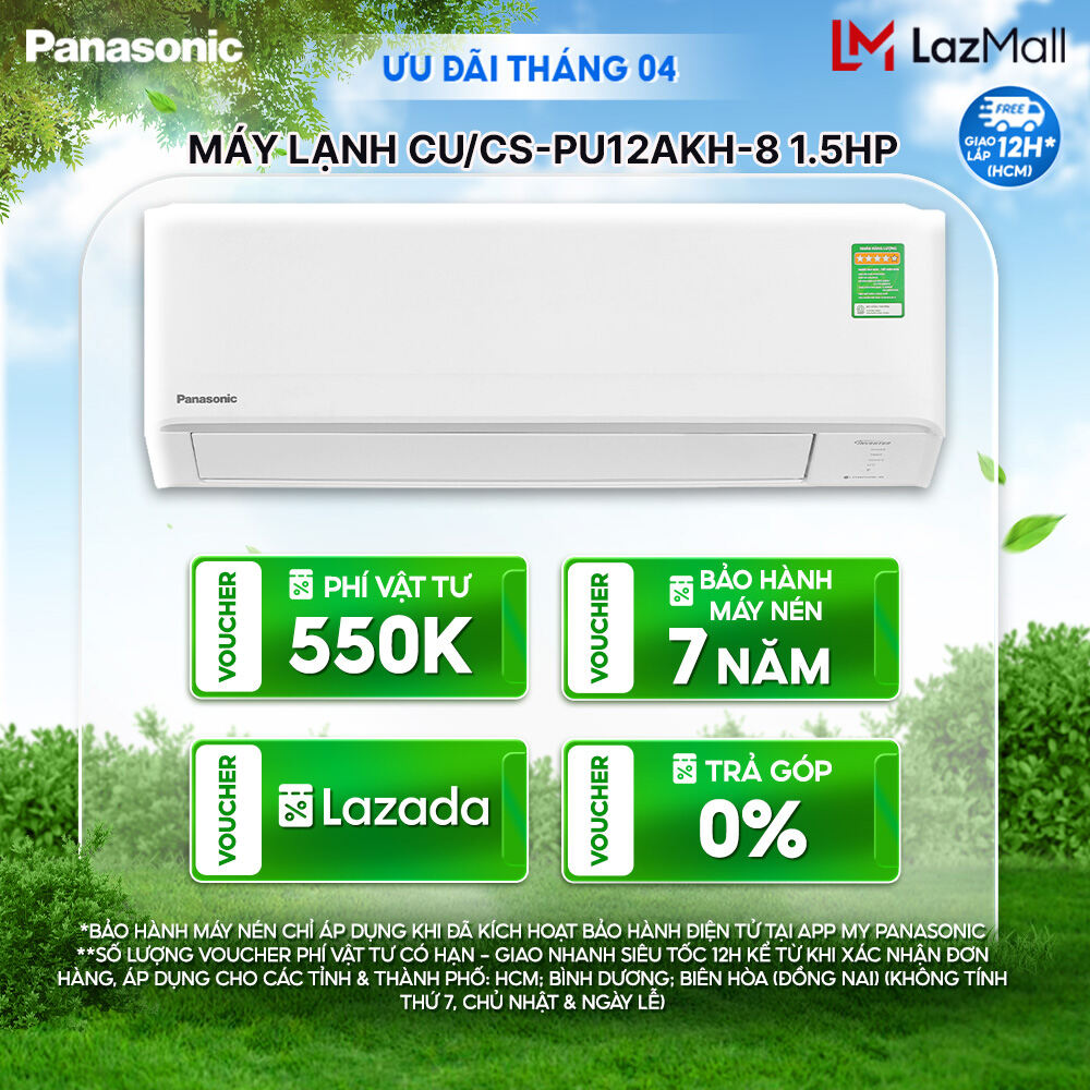 Máy lạnh/ Điều hòa Panasonic Inverter CU/CS-PU12AKH-8 - Công suất 1.5HP - Một chiều - Lọc không khí bụi mịn - Wifi