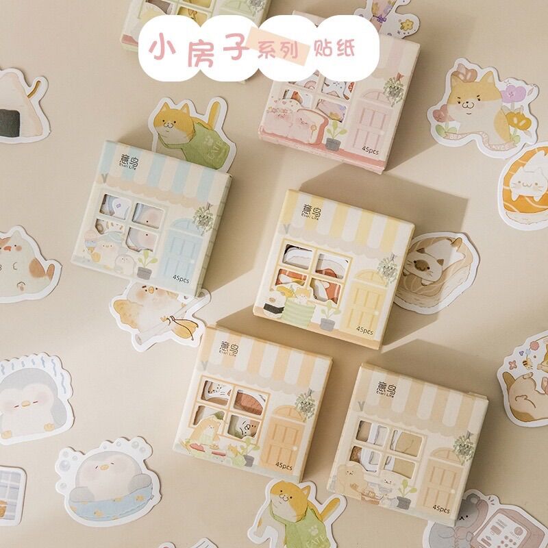 *Sticker cute - Hộp 45 miếng hình dán trang trí hình ngôi nhà 6 kiểu dáng sáng tạo đẹp mắt, cute