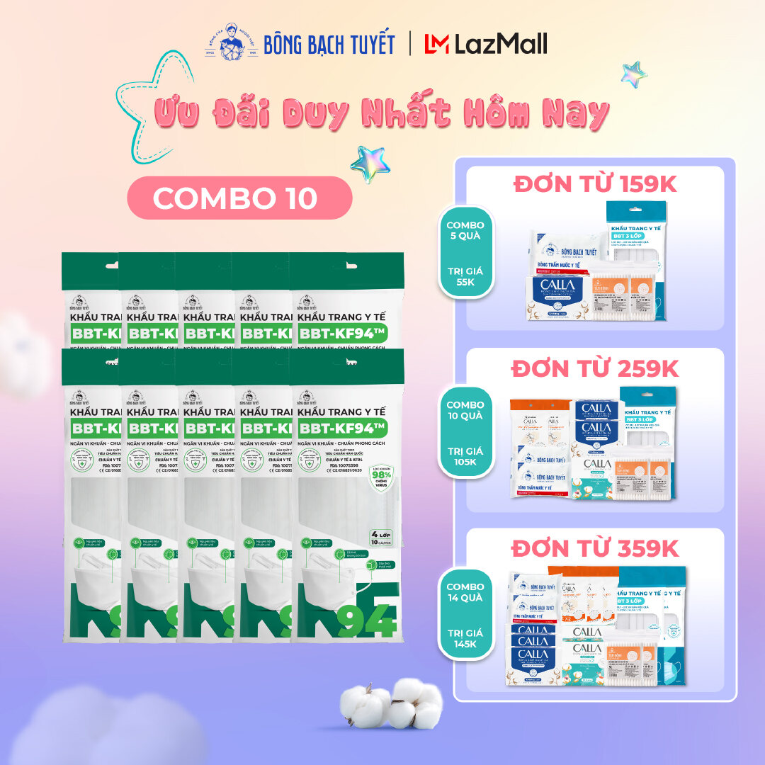 Combo 10 Gói Khẩu trang Bông Bạch Tuyết KF94 4 lớp trắng (10 cái/gói)