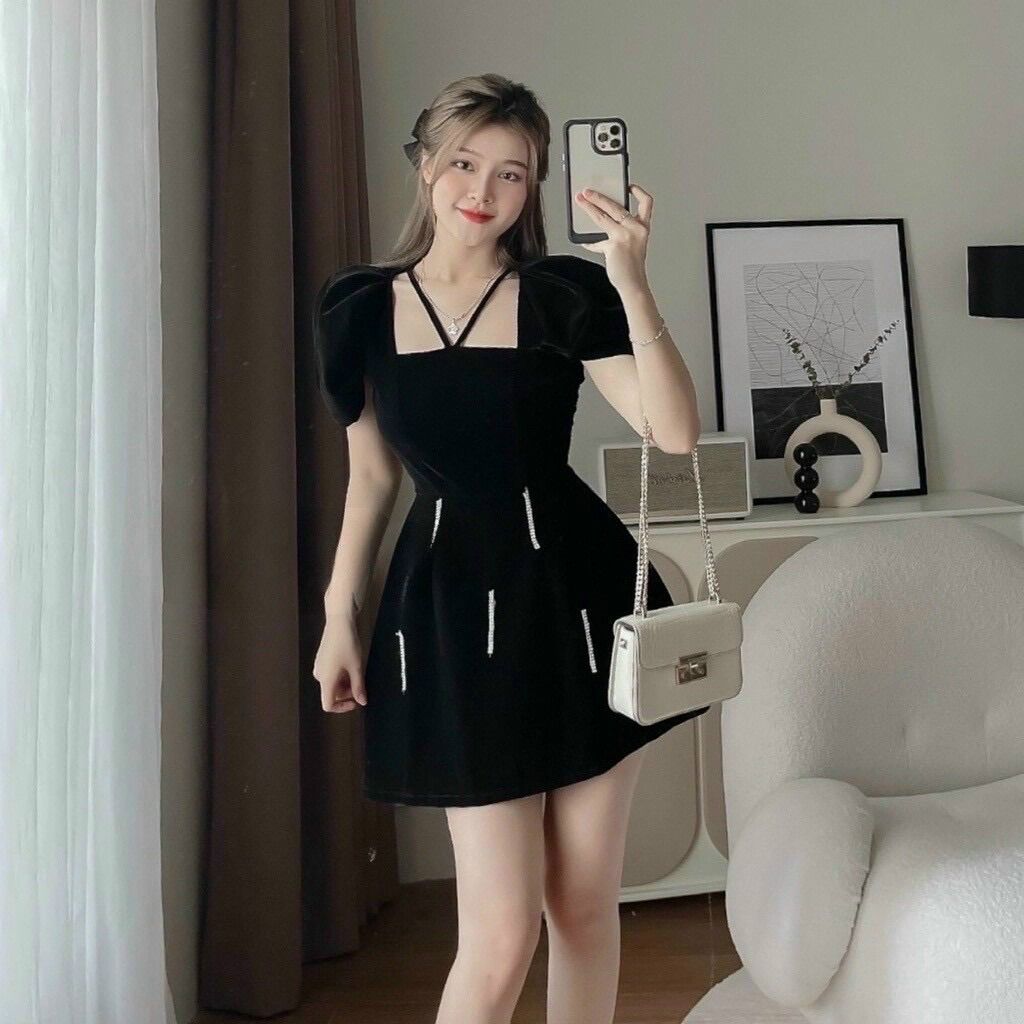 (SHOP TÁO ĐỎ BIGSIZE 50KG ĐẾN 90KG) đầm nhung đính chuỗi đá tay phồng