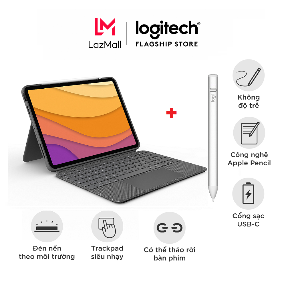 Bao da kèm bàn phím Logitech Combo Touch dành cho iPad Air gen 4 & gen 5 & Bút cảm ứng Logitech Crayon Kỹ Thuật Số