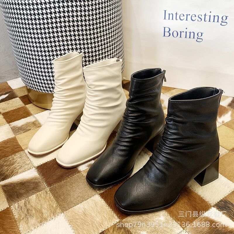 Giày boots, boots nhăn bốt nữ cổ vừa gót cao 5cm có khoá kéo tiện lợi