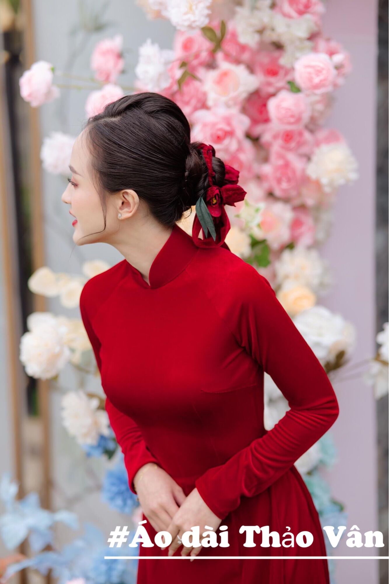 Áo dài cô dâu đỏ nhung cao cấp-TV001