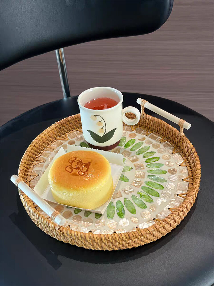 Natural Shell Tray Double Ear round Fruit Plate Tea Table Dessert Display Storage Cup Large Small Wicker Weaving Trays