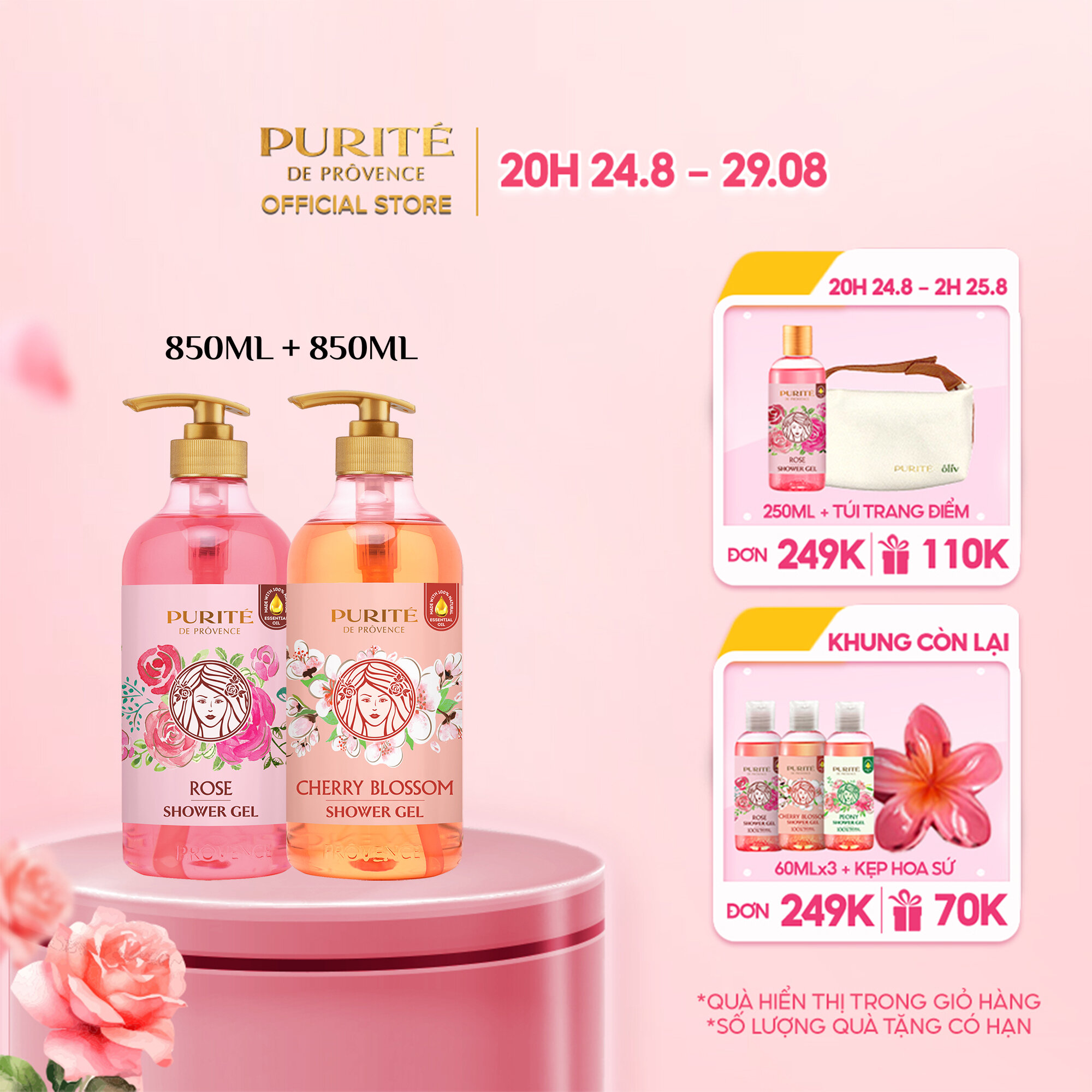Combo sữa tắm mềm mịn hoa hồng purité 850ml + sáng mịn hoa anh đào 850ml