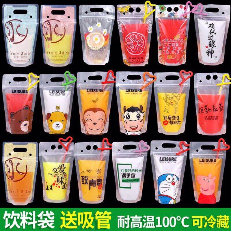 Set 10 túi zip đựng trà sữa + ống hút, túi zip đựng đồ ăn vặt in hình dễ thương