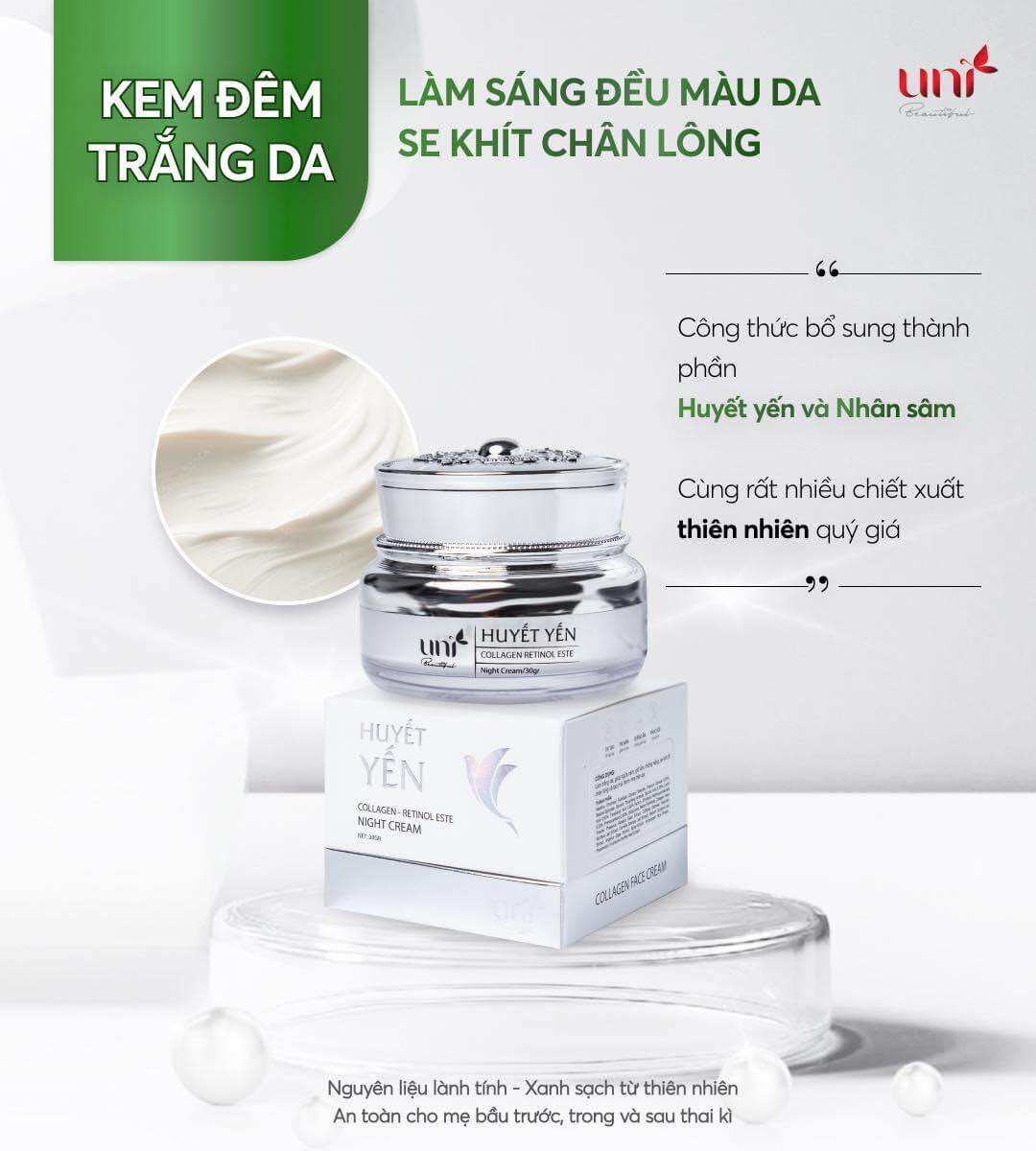 Kem face đêm huyết yến size lớn 30g Uni Beautiful