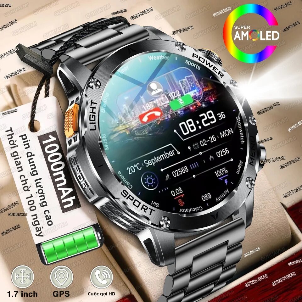 GUHUAVMI | Đồng Hồ Thông Minh Nam 2025 Màn Hình AMOLED 1.7 Inch, Pin 1000mAh, Cảm Biến Nhịp Tim, Gọi Bluetooth, NFC, GPS, Theo Dõi Thể Thao Và Sức Khỏe