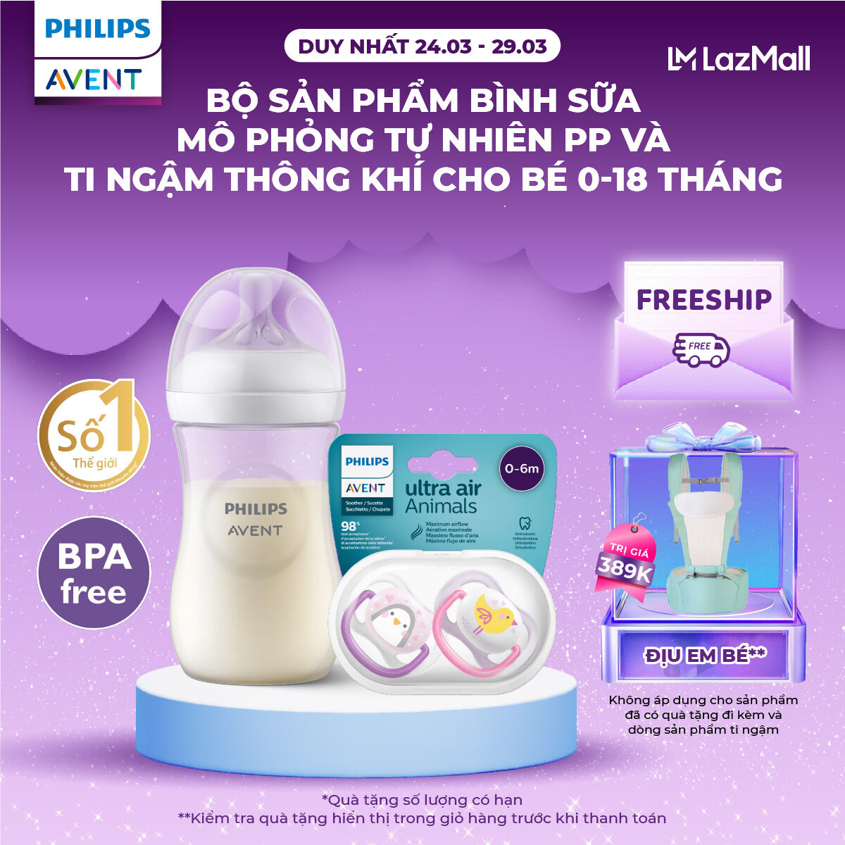 Bộ sản phẩm bình sữa mô phỏng tự nhiên PP và ti ngậm thông khí Philips Avent cho bé 0-18 tháng