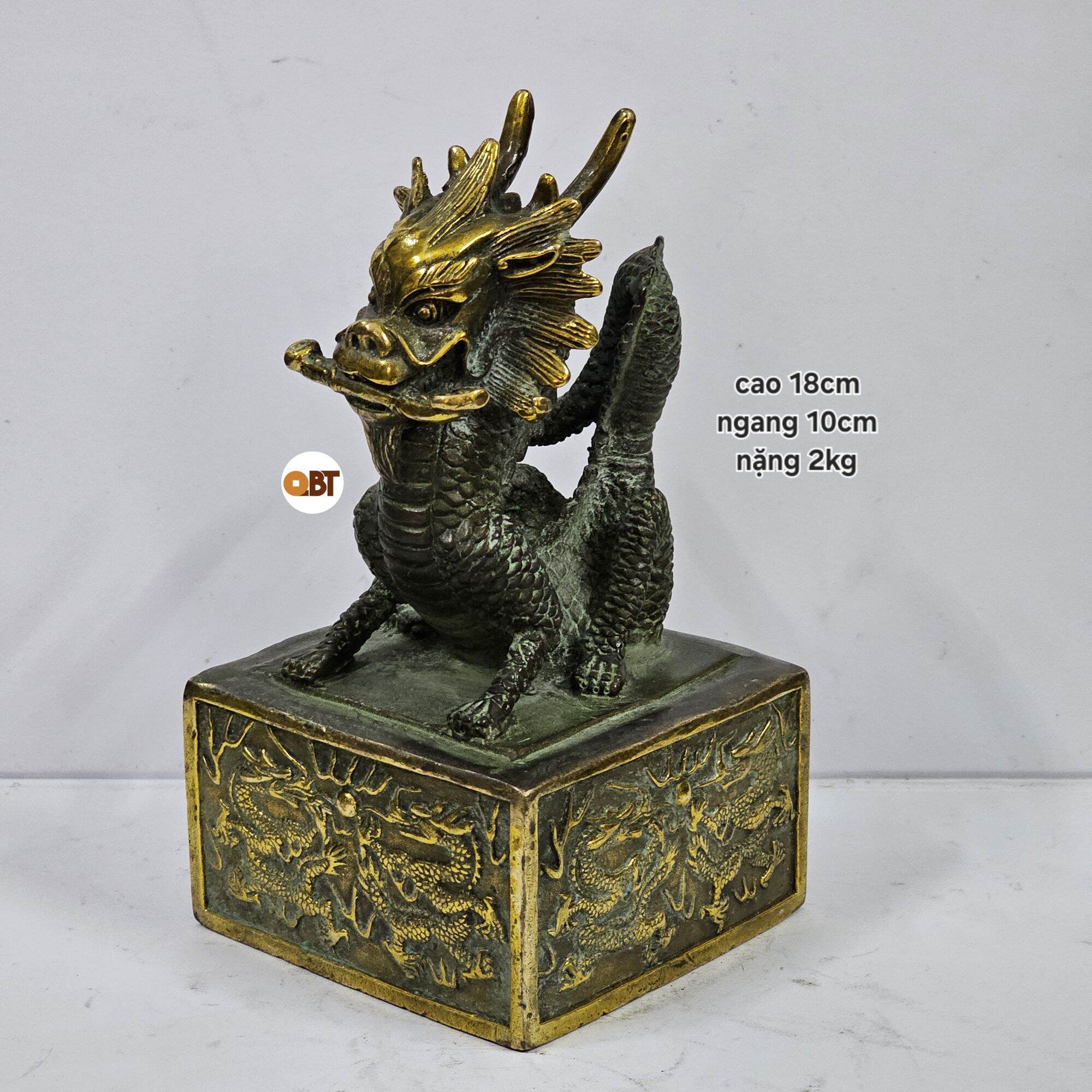 Cửu long kim ấn , rồng ngậm như ý bằng đồng màu giả cổ
