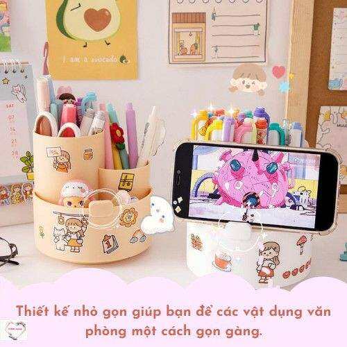 Kệ đựng bút 3 ngăn cao cấp xoay được tiện lợi tặng kèm 20 stickers