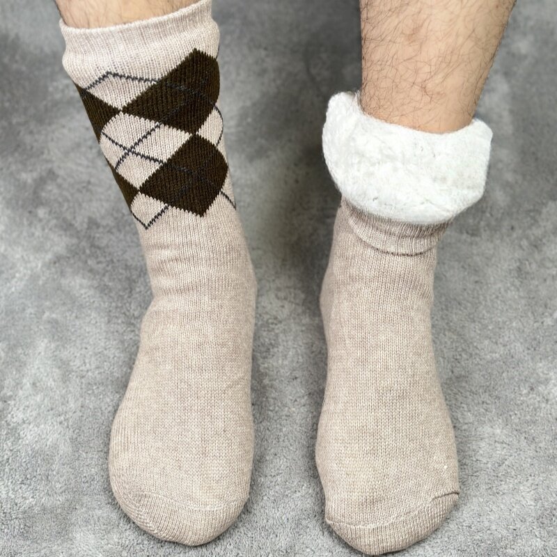 Tất Sàn Nam Mùa Đông Dày Dặn Ấm Áp Chống Trượt Lót Lông Cừu Mặc Ở Nhà Tất Dài Đến Bắp Chân Màu Trơn 