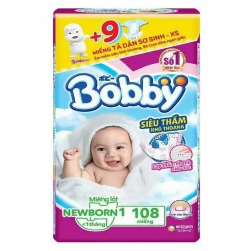 Miếng Lót Sơ Sinh Bobby Fresh Newborn 1 - 108 (108 Miếng) + 9 Miếng Tã Dán Bobby XS