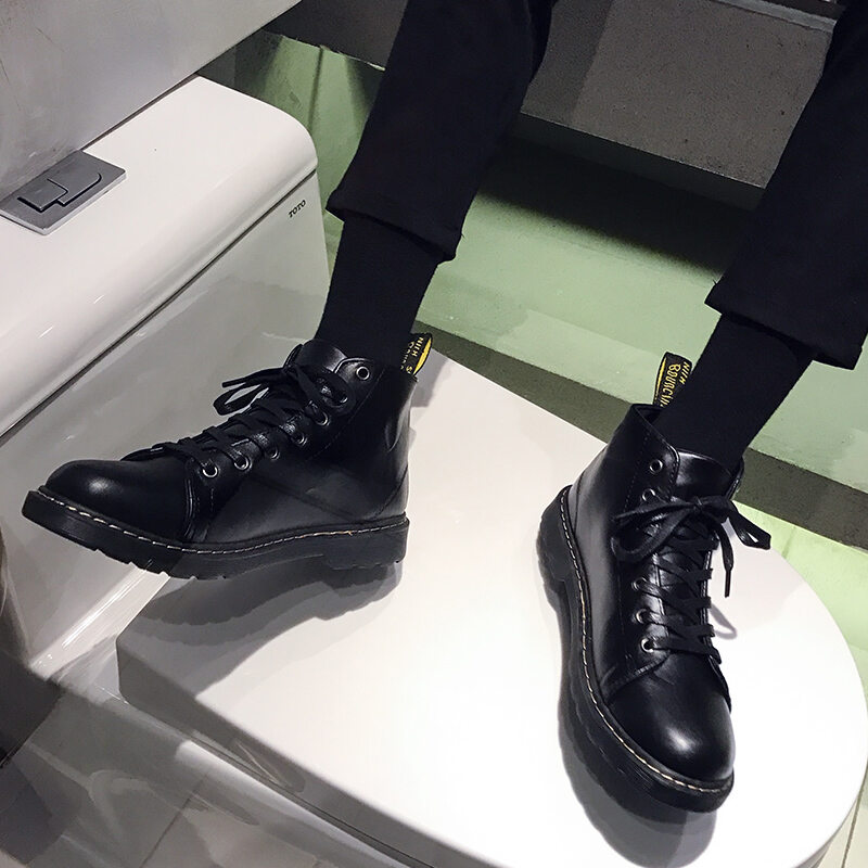 Giày Da Cao Cổ Thường Ngày Mùa Xuân Nam Giày Màu Đen Dễ Phối Anh Giày Nam Sành Điệu Bốt Martin Nam Cổ Cao Vừa Phong Cách Hàn Quốc