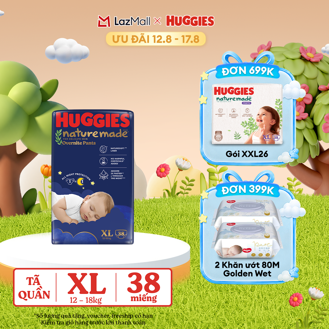 [12-17.08 QUÀ TẶNG ĐƠN 399K] Tã quần Huggies Naturemade ban đêm XL38