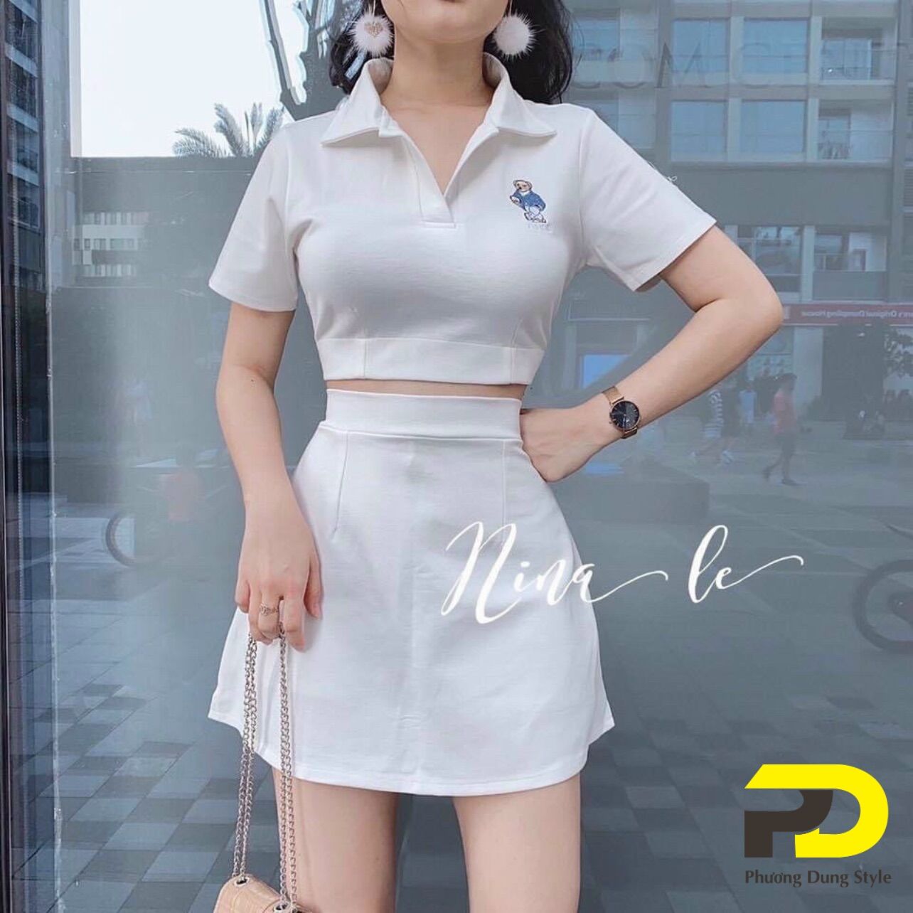 Sét áo polo thêu gấu kèm chân váy có quần trong