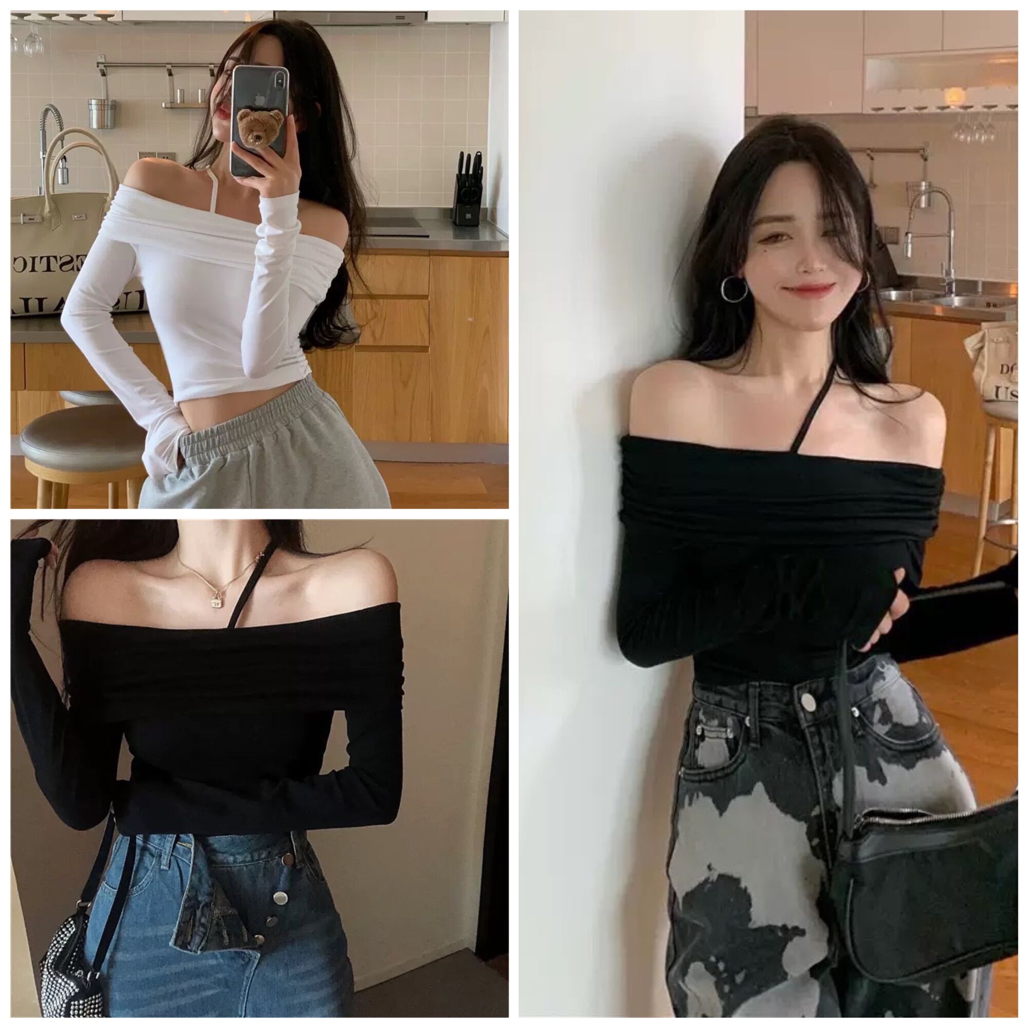 Áo kiểu thun croptop trễ vai tay dài phối dây chéo cho nữ