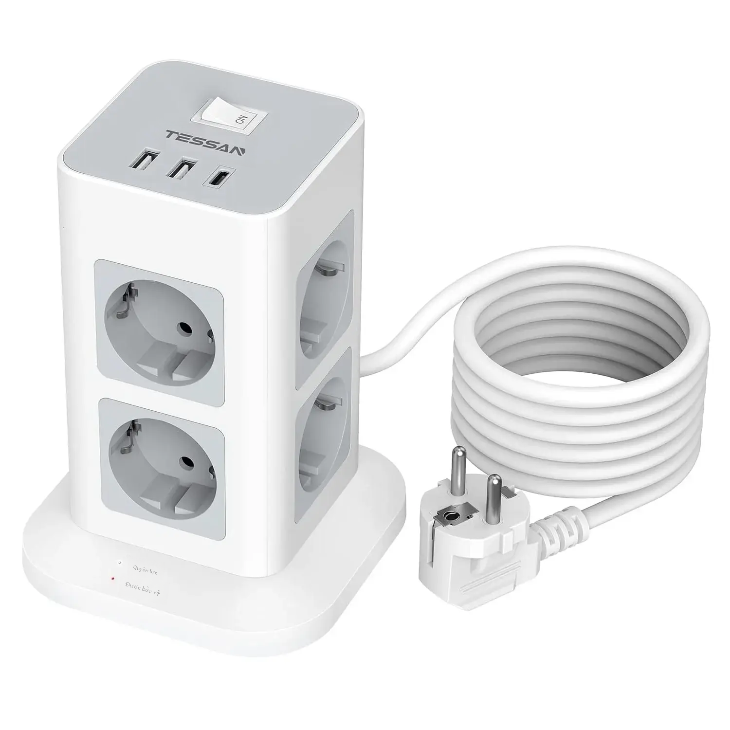 Tháp tessan dán cường lực với 2 usb + 1 loại c đa ổ cắm eu cắm dọc ổ cắm điện chống sét cáp nối dài 2m