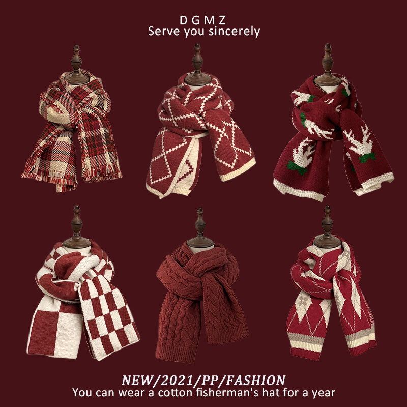 Khăn Choàng Len Dệt Kim Màu Đỏ Phong Cách Hàn Quốc Cho Nữ Mùa Đông Xuân Thu Ấm Áp Hình Vuông Kẻ Caro Khăn Choàng Quà Tặng
