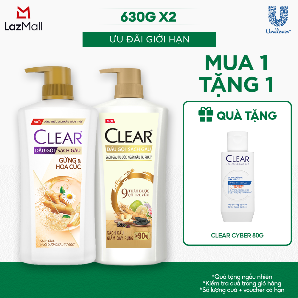 COMBO 2 DẦU GỘI CLEAR GỪNG  HOA CÚC VÀ 9 THẢO DƯỢC CỔ TRUYỀN 630G x2