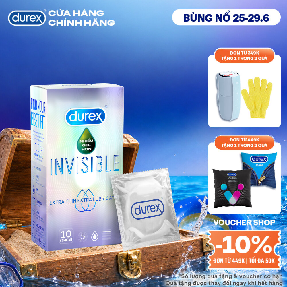 Bao cao su Durex Invisible siêu mỏng, thêm bôi trơn, size 52mm, hộp 10 bao