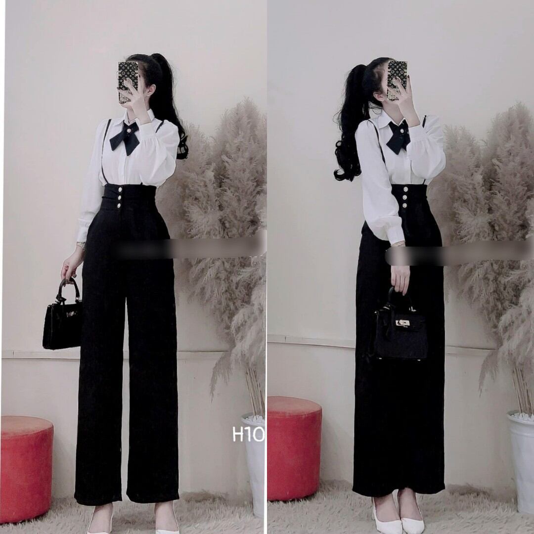 Set Áo Sơmi Nơ + Quần Yếm Suông