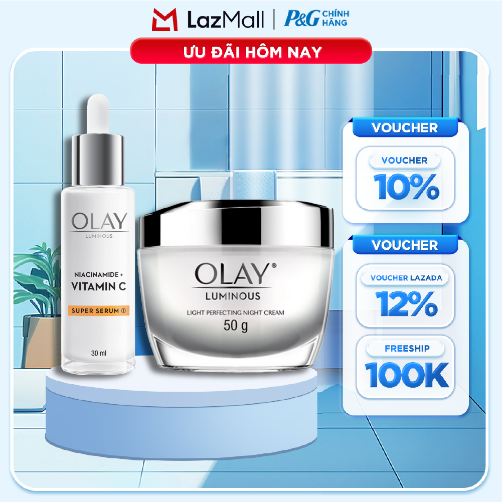 Combo Kem Dưỡng Ban Đêm OLAY Luminous Niacinamide VITAMIN C Giúp Mờ Vết Thâm, Đốm Nâu, Dưỡng Sáng Da Chai 30ML + Kem Dưỡng Ban Đêm OLAY LUMINOUS Dưỡng Sáng Da Hũ 50G