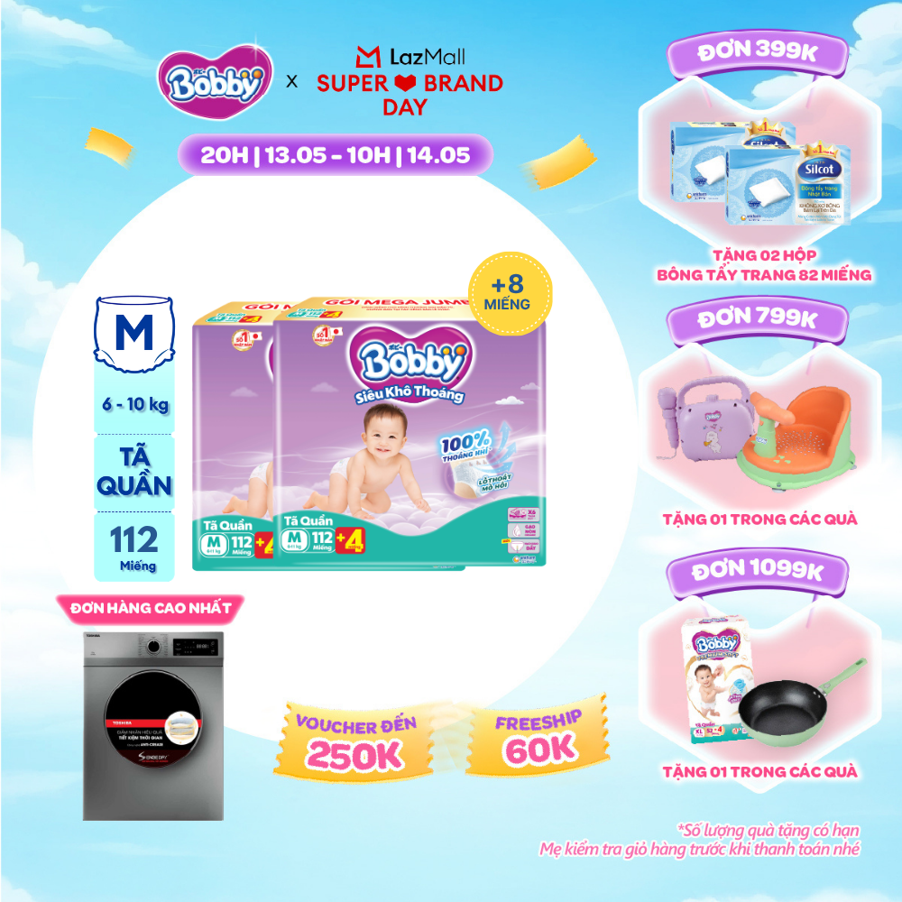 [CHỈ 20h 13.05 QT Đơn 899K/1199K][TẶNG MIẾNG NGẪU NHIÊN] Combo 2 Tã/bỉm quần Bobby 3mm Mega Jumbo Gạo non Giảm nhiệt M112