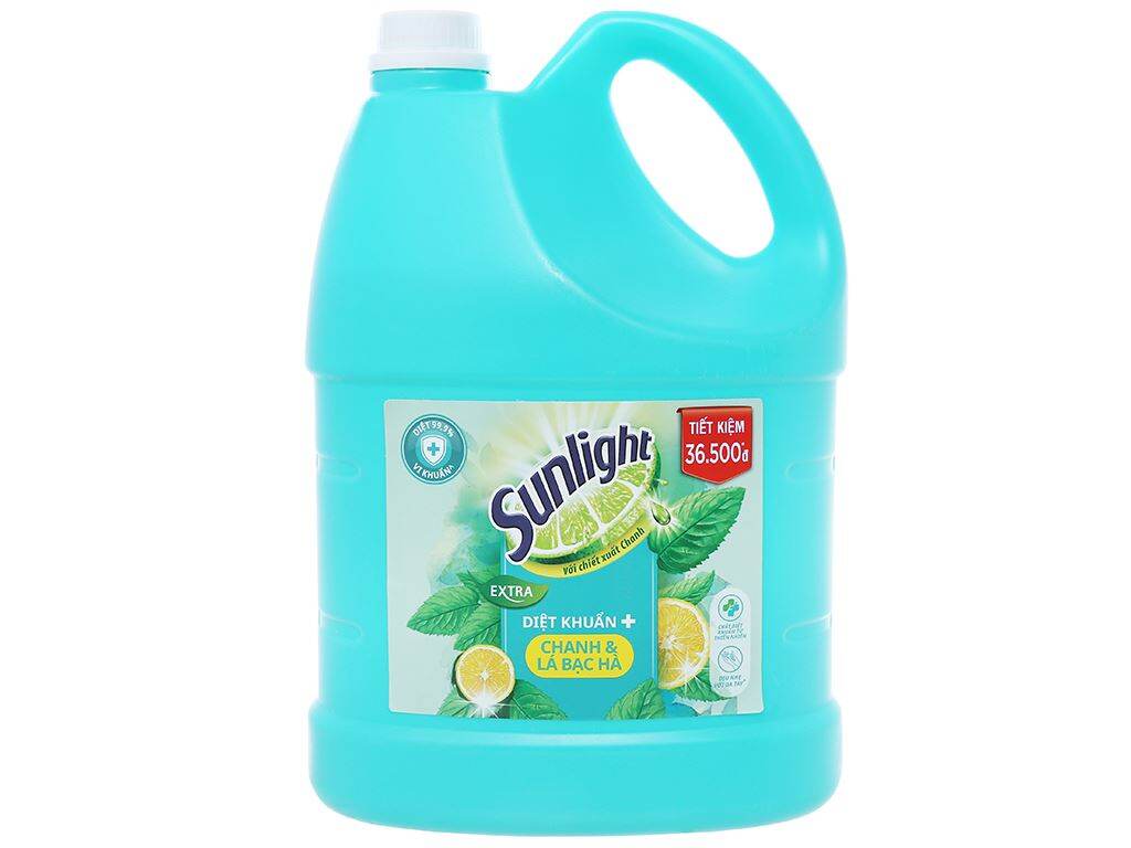 Nước rửa chén Sunlight Extra diệt khuẩn chiết xuất từ chanh và lá bạc hà can 3.48 lít