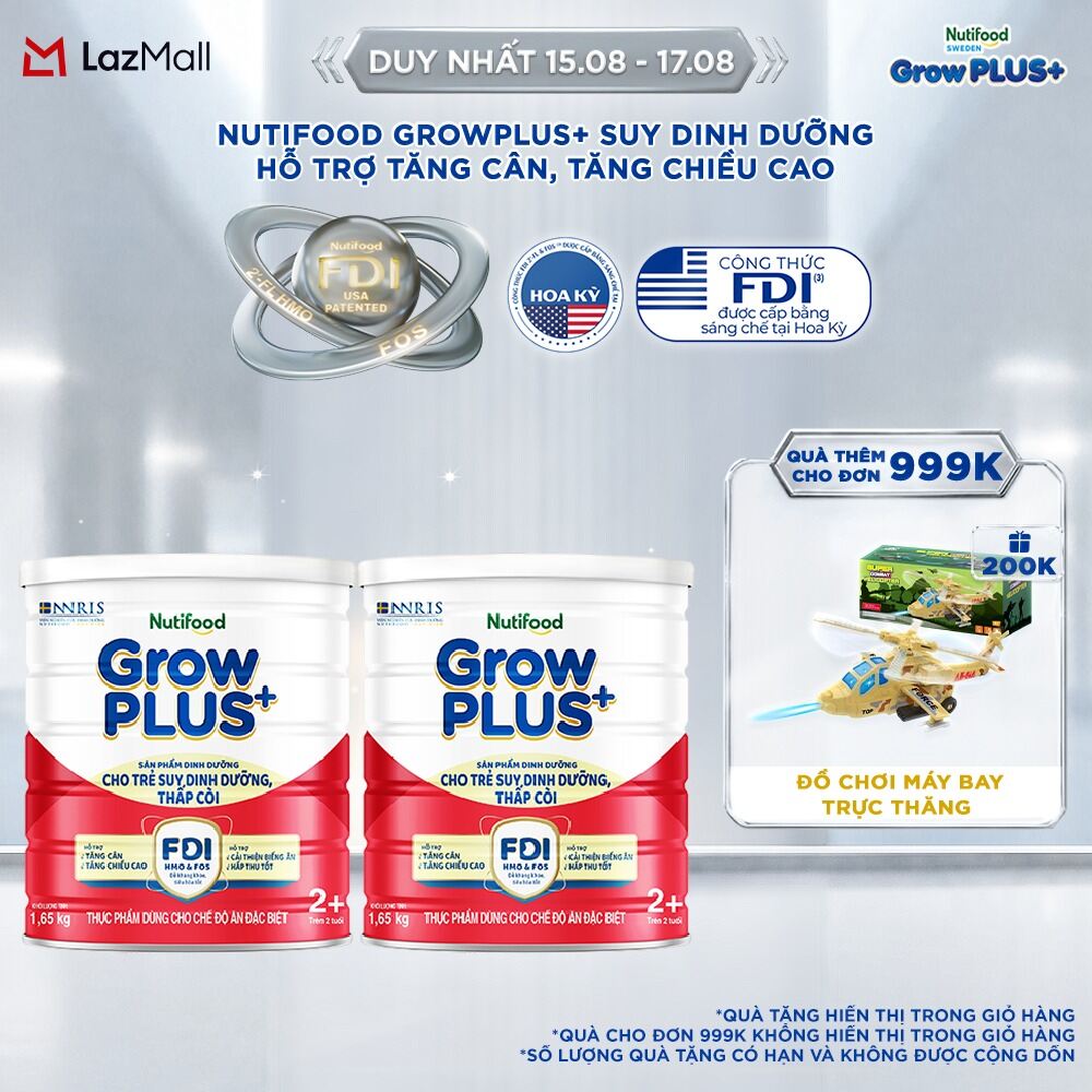 Combo 2 Sữa bột Nutifood GrowPLUS+ Suy Dinh Dưỡng (Đỏ) 2+ - Hỗ Trợ Tăng Cân, Tăng Chiều Cao (2 Lon 1,65 Kg)