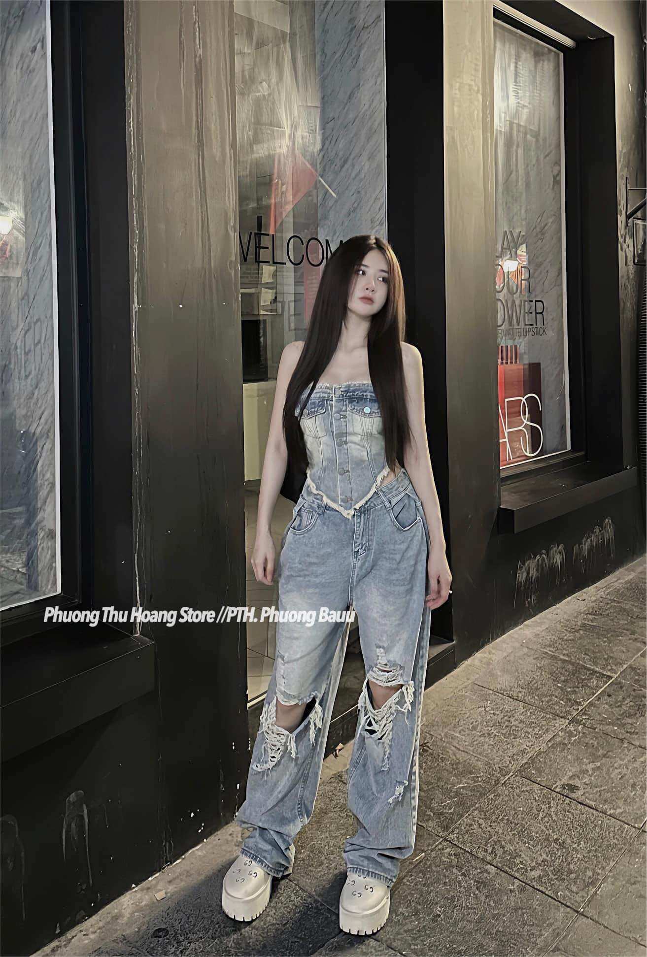 Áo kiểu nữ quây jeans vạt chéo kh