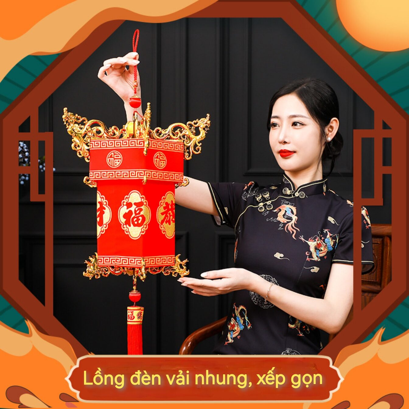 Lồng đèn vải nhung kim sa khung mạ vàng đẳng cấp sang trọng