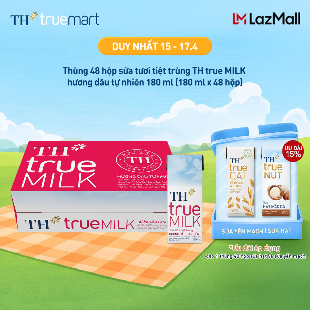 Thùng 48 hộp sữa tươi tiệt trùng TH true MILK hương dâu tự nhiên 180 ml (180 ml x 48)