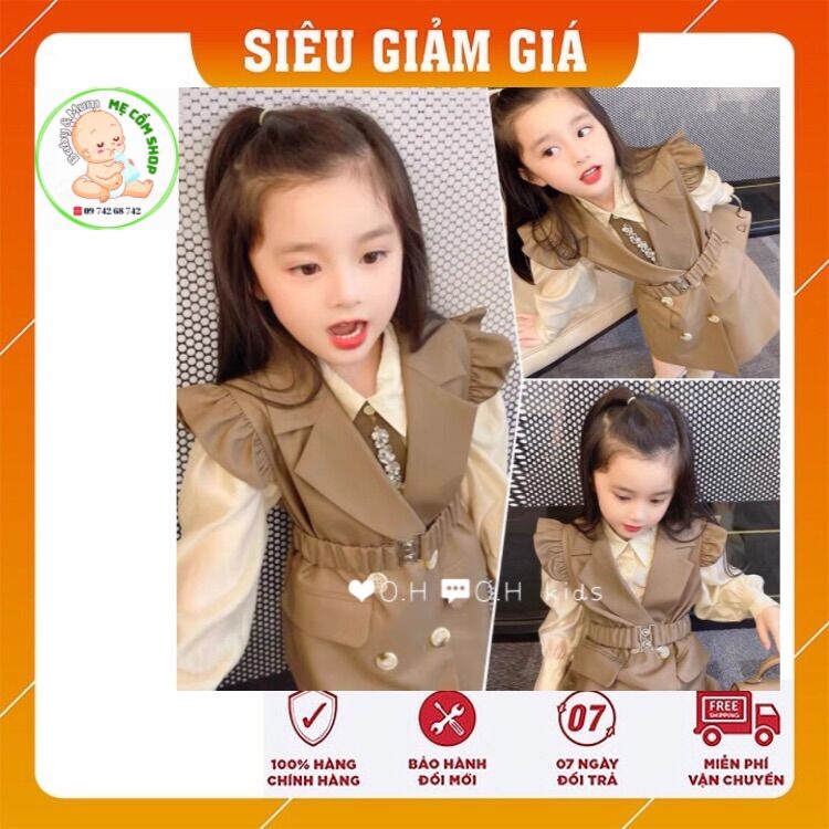 [ Free Ship ] Váy cho bé gái dáng vec chất Kaki chun ,sét gồm : áo vét dáng dài+ cà vạt +áo sơ mi+đai lưng 💃sz  1-7/12-25kg  Hàng sẵn sll