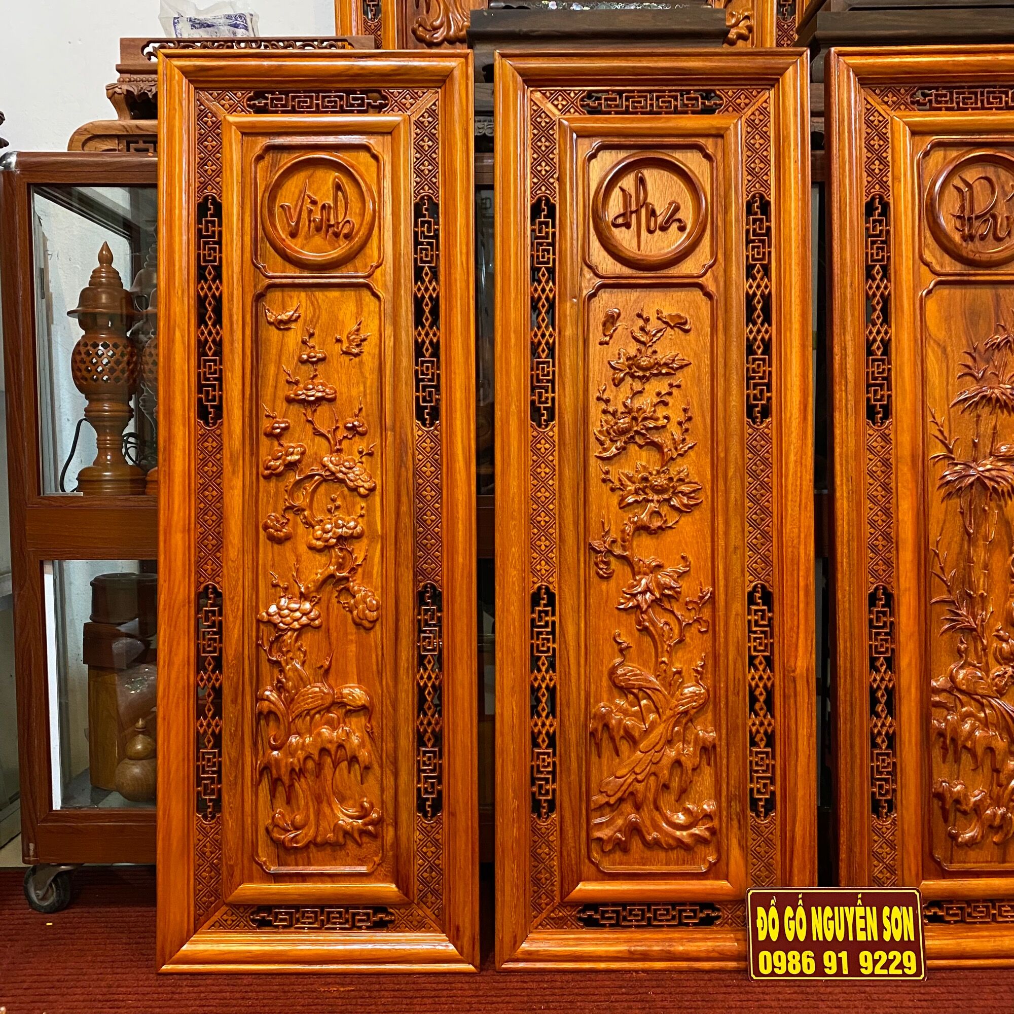 Bộ Tranh tứ quý gỗ hương đỏ nam phi