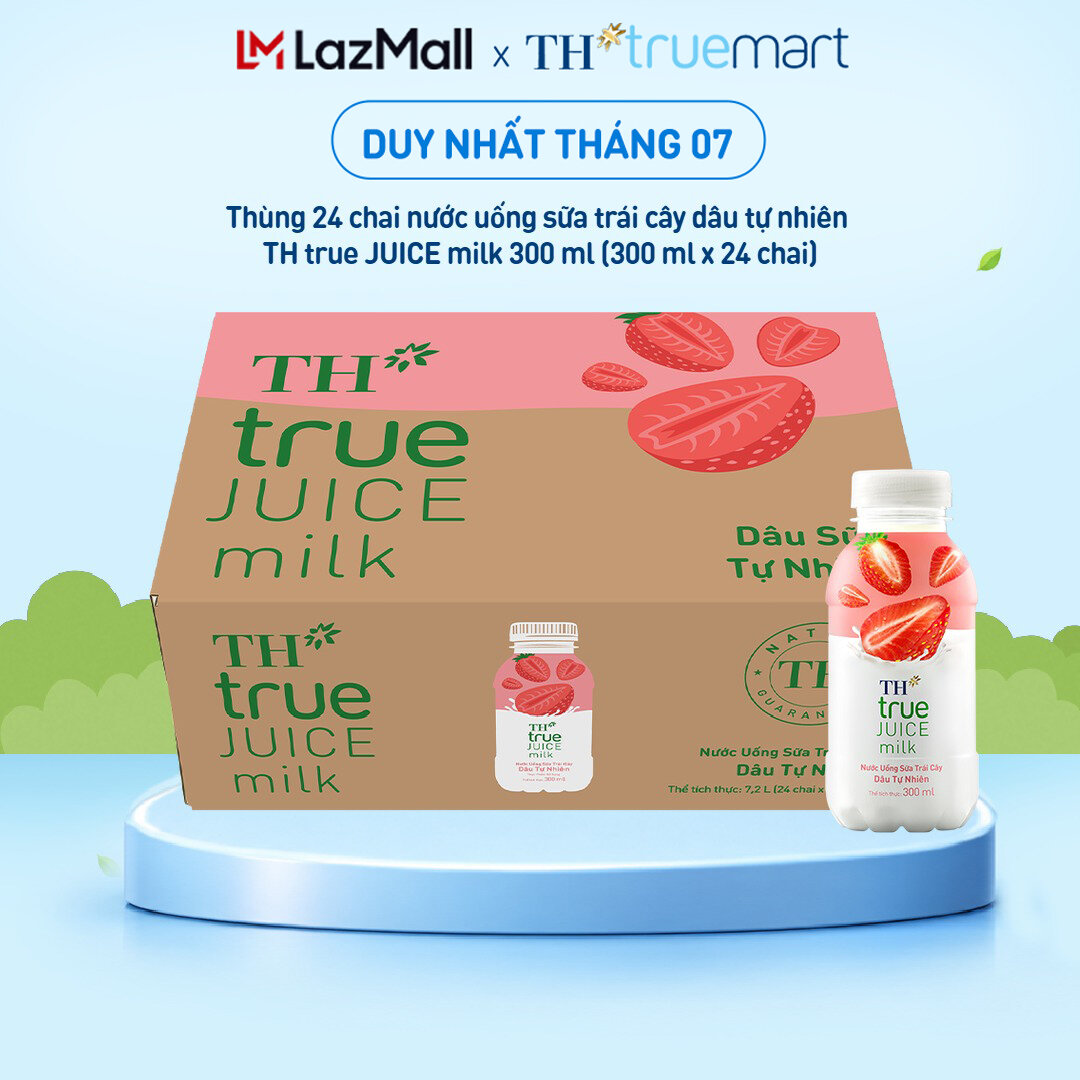 Thùng 24 chai nước uống sữa trái cây TH true JUICE milk dâu tự nhiên 300 ml (300 ml x 24)