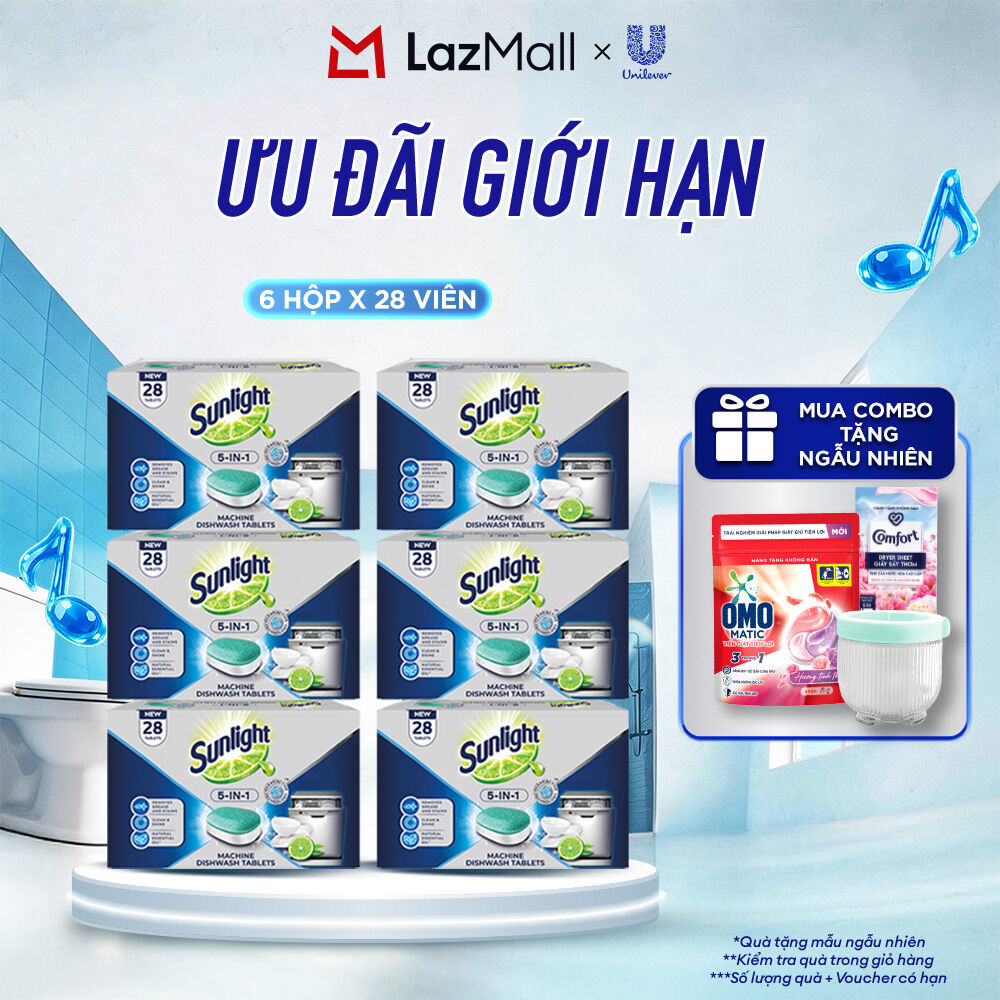 Combo 6 hộp Viên Rửa Chén Bát SUNLIGHT 5 in 1 Cho Máy Rửa Chén Bát (28V/hộp) (bao bì tùy lô nhập hàng)