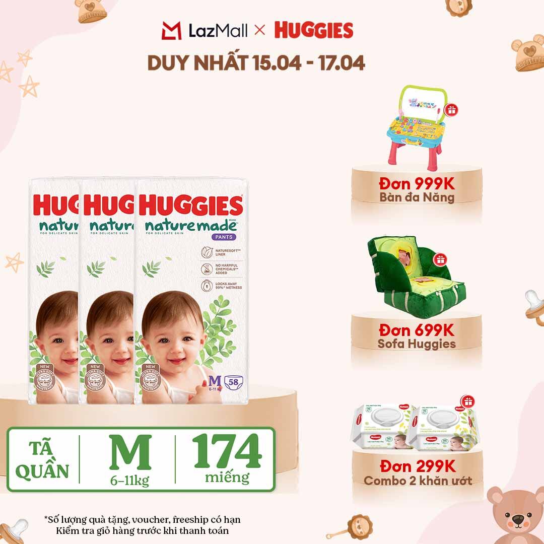 [CHỈ 18-24.04 QUÀ TẶNG ĐƠN 399K](Mua 1 tặng 1) Combo 3 Tã/Bỉm quần HUGGIES PLATINUM NatureMade M58 (6-11kg)-Gói Super Jumbo 58 miếng