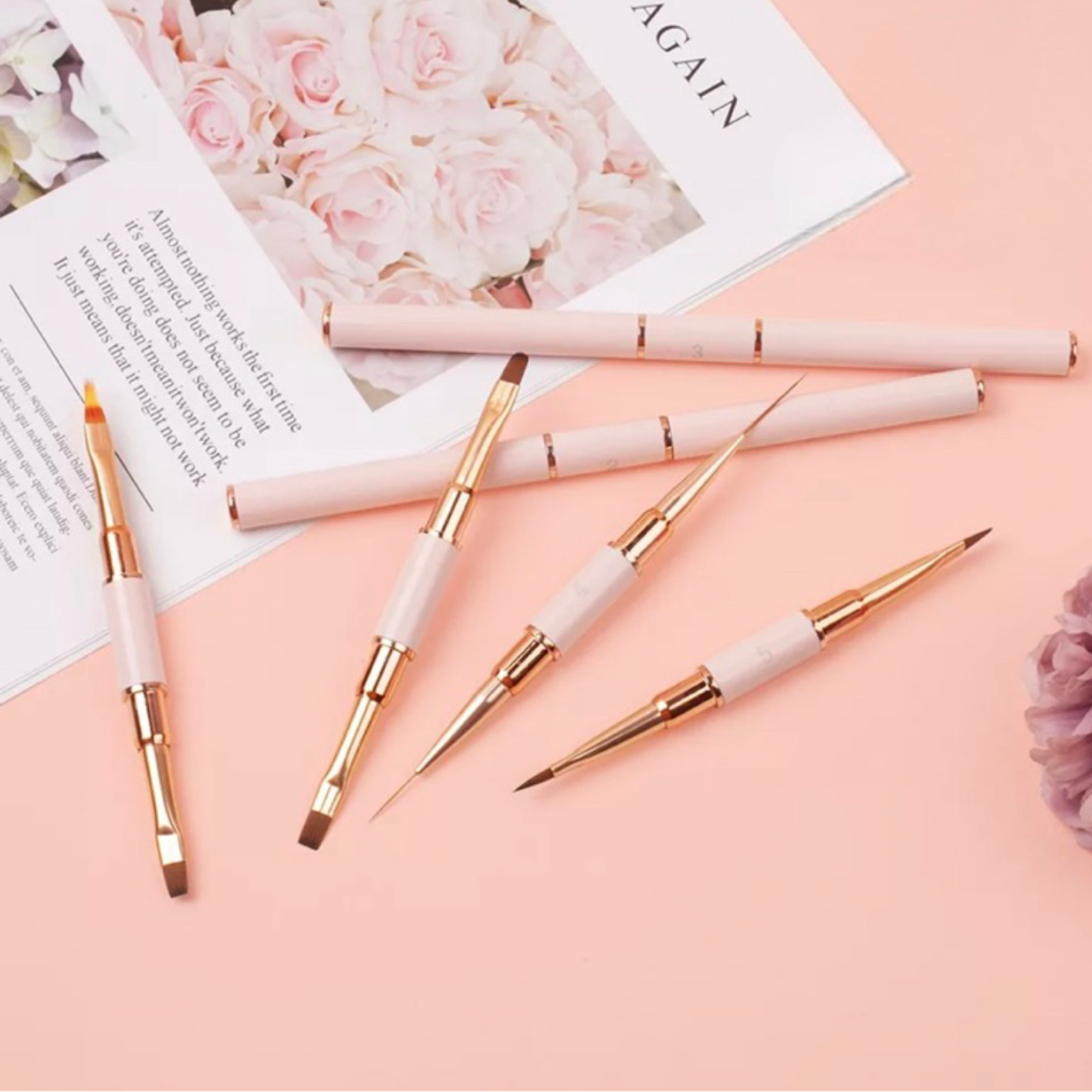 Cọ vẽ móng tay nail 2 đầu cán hồng - Cọ nail chuyên dụng , cọ nét , cọ râu
