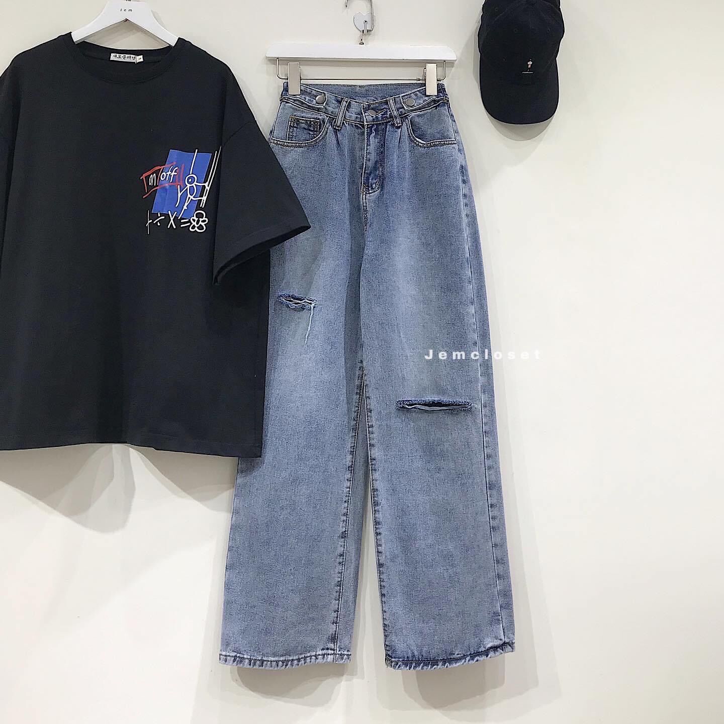 Baggy jeans ống suông đai nút rách PT