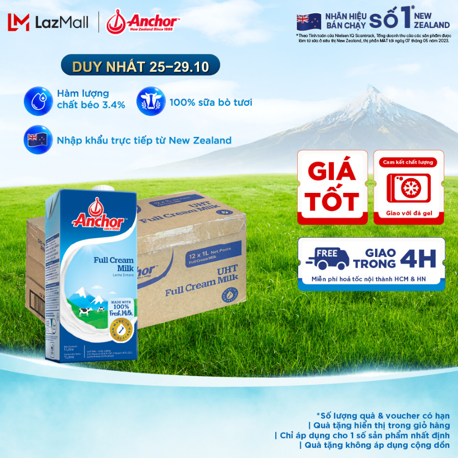 [GIAO HÀNG HỎA TỐC - HCM] Thùng 12 Hộp Sữa Tươi Tiệt Trùng Anchor Nguyên Kem Hộp 1 Lít
