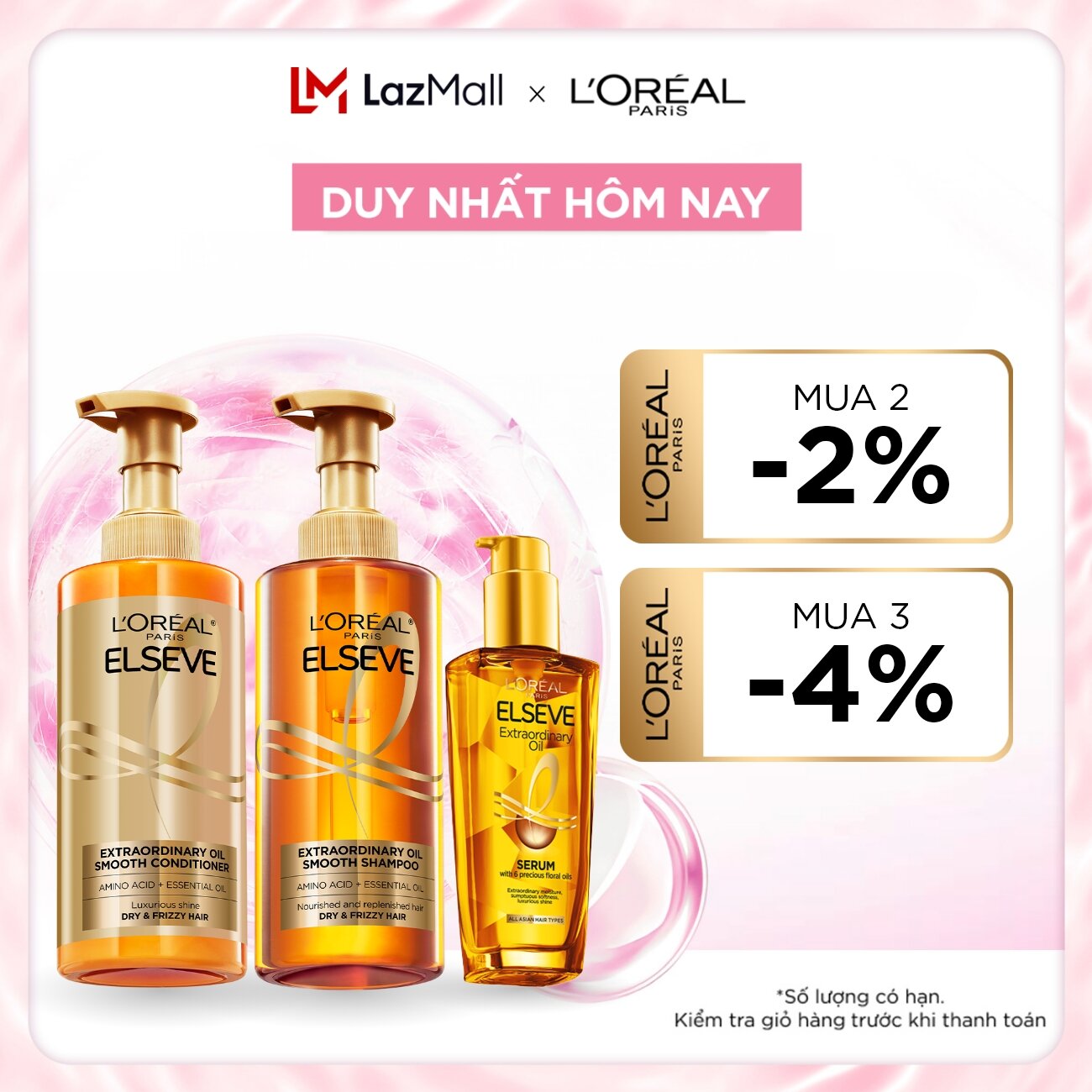 Bộ gội xả dưỡng tóc suôn mượt tóc L'Oreal Paris Extraordinary Oil Sleek 440ml x2 & Dầu dưỡng tóc 30ml