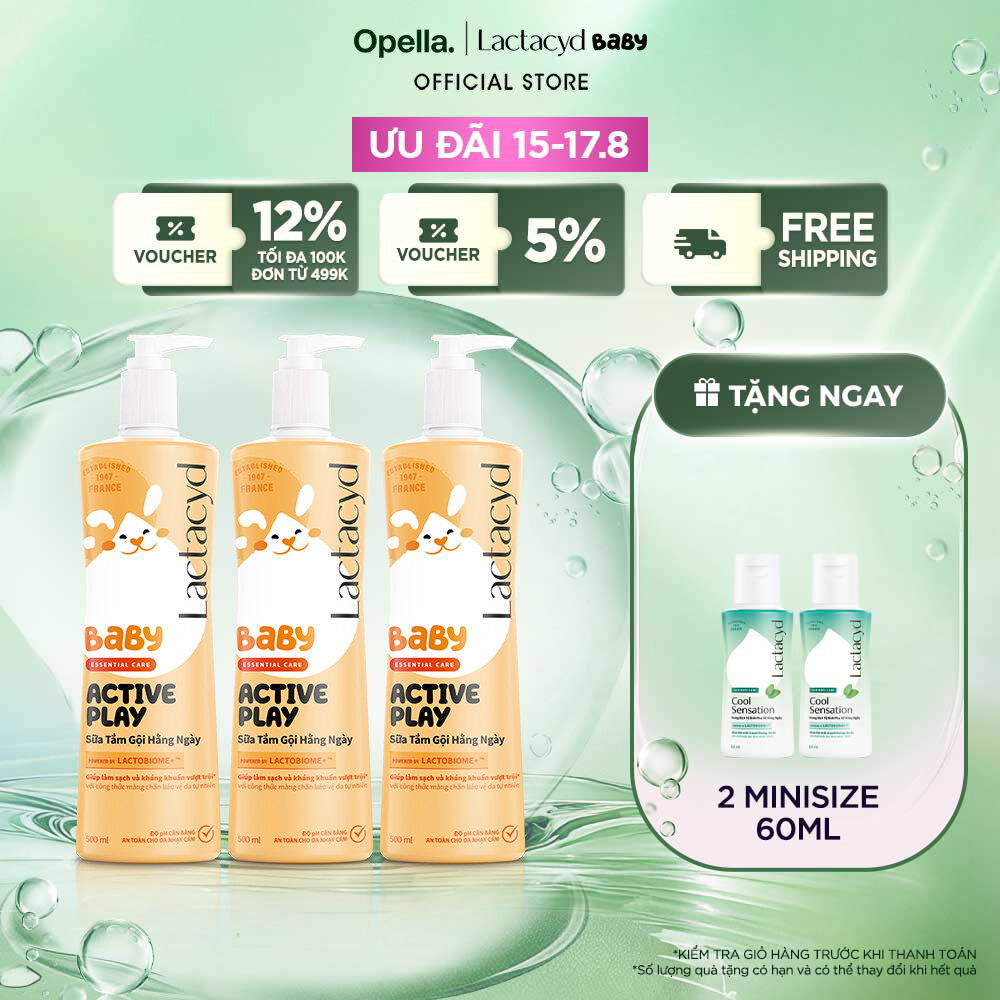 Bộ 3 chai Sữa Tắm Gội Trẻ Em Lactacyd Baby Active PlayGiúp Đề Kháng Da Và Bảo Vệ Bé Khỏi Vi Khuẩn 500ml/chai