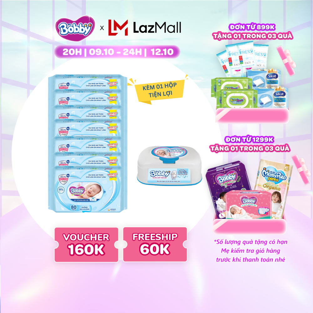 [CHỈ 20H 09-12/10 QT Đơn 899K/1199K][Tặng 1 hộp tiện lợi] Bộ 7 gói khăn giấy ướt trẻ em Bobby Care gói Bổ sung không mùi - 80 miếng
