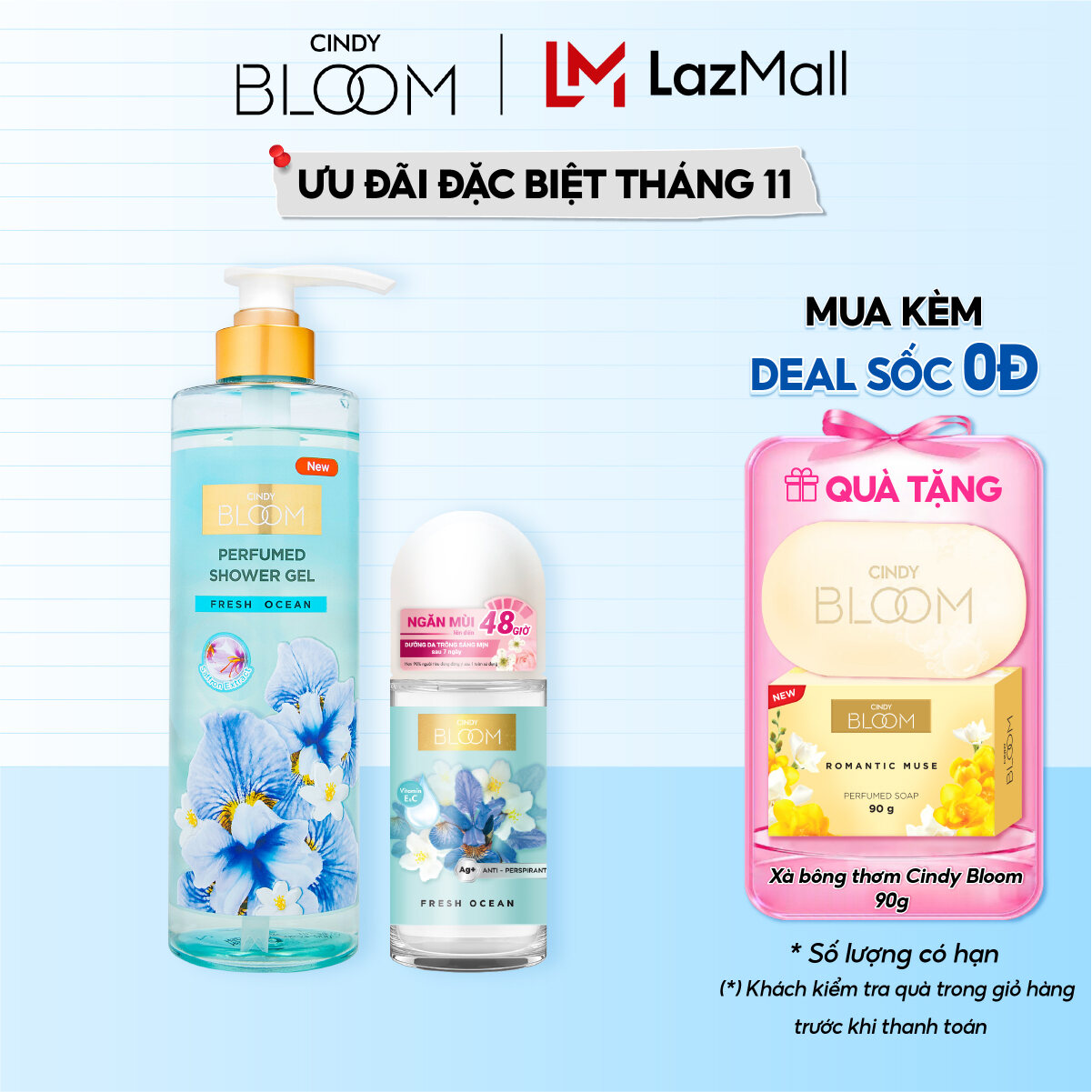 Combo Sữa tắm + Lăn khử mùi Cindy Bloom Fresh Ocean hương năng động trẻ trung 640g + 50ml