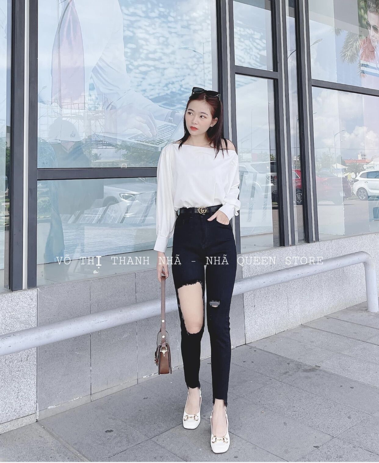 Set jeans dài lưng cao co giãn rách ô + áo lệch vai