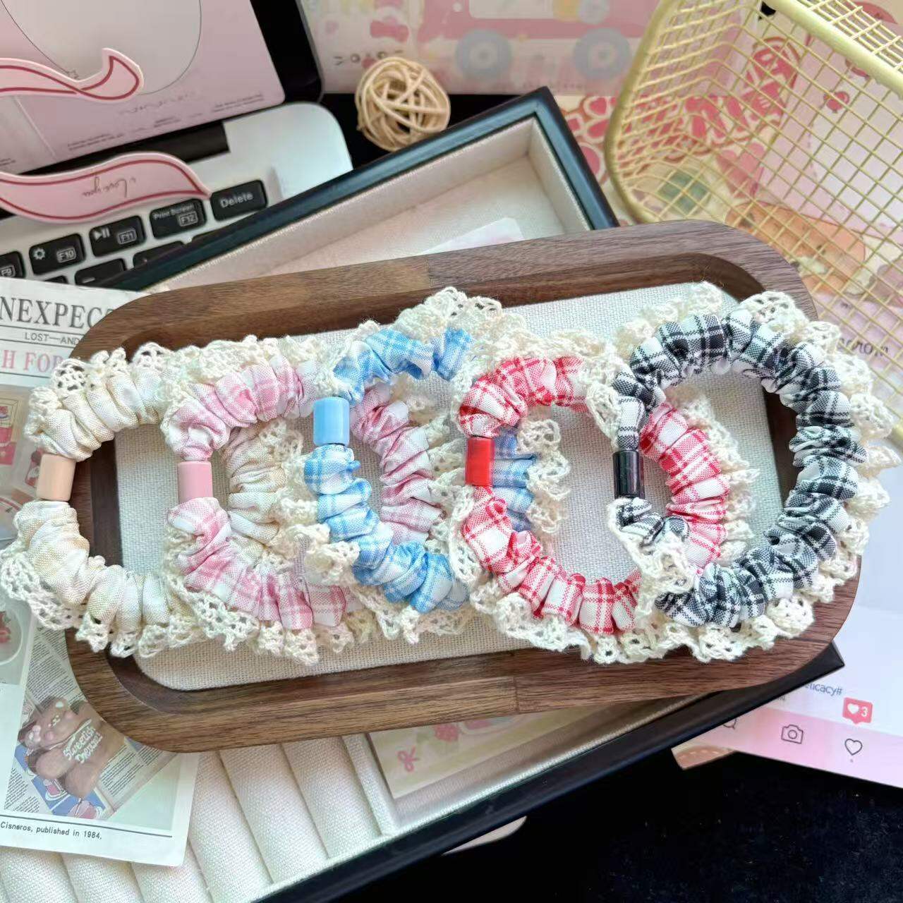 Dây Buộc Tóc Kẻ Caro Ren Viền Cho Phụ Nữ Dây Buộc Tóc Buộc Tóc Đuôi Ngựa Thấp Dây Buộc Tóc Khăn Vuôn