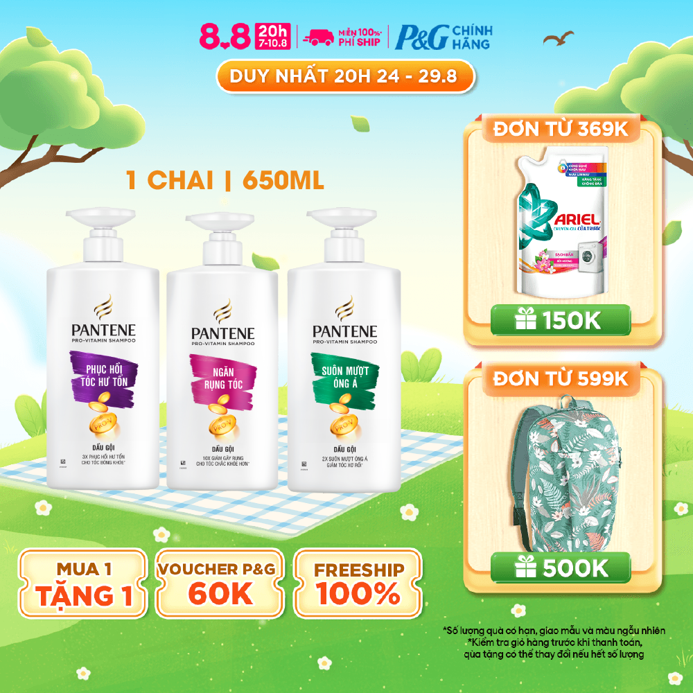 Dầu Gội PANTENE Pro-V Ngăn Rụng Tóc/ Phục Hồi Hư Tổn/ Suôn Mượt Óng Ả/ Giảm Gàu/ Dưỡng Ẩm - Chai 650ML